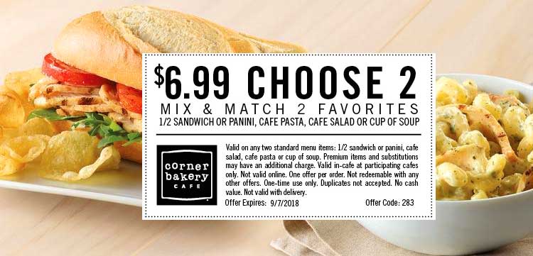 Corner Bakery Cafe Coupon April 2024 Choose 2 for $7 at Corner Bakery Cafe