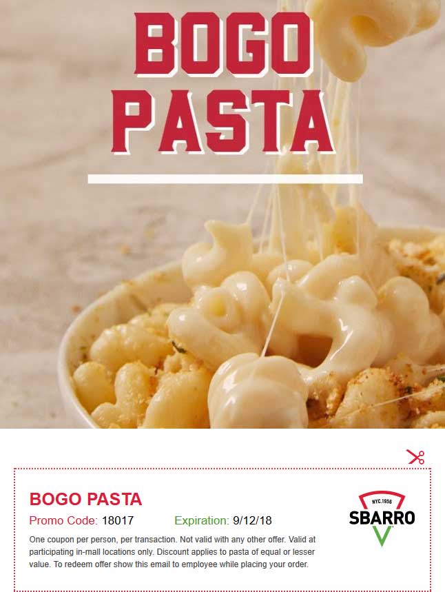 Sbarro Coupon April 2024 Second pasta free at Sbarro pizza