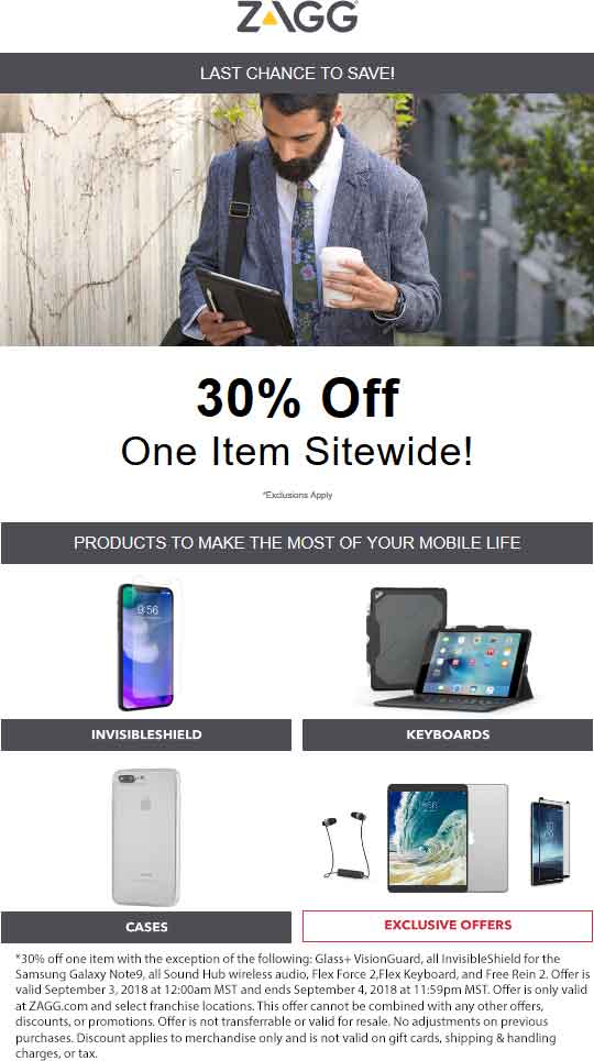 Zagg Coupon April 2024 30% off a single item online today at Zagg screen protectors