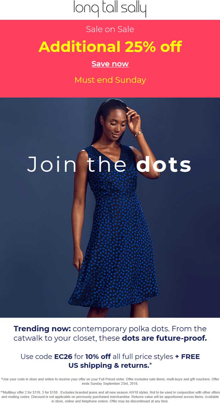 Long Tall Sally Coupon March 2024 Extra 25% off sale items at Long Tall Sally, also online + 10% via promo code EC26