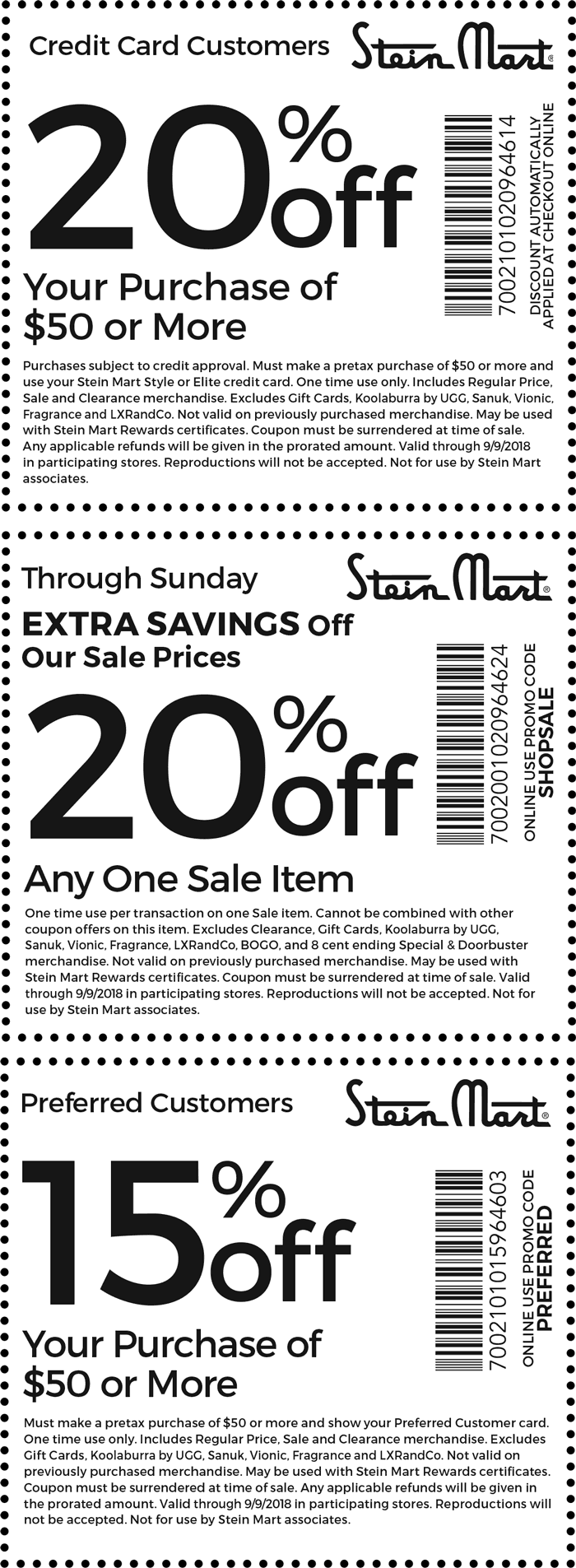 Stein Mart Coupon April 2024 15% off $50 & more at Stein Mart, or online via promo code PREFERRED