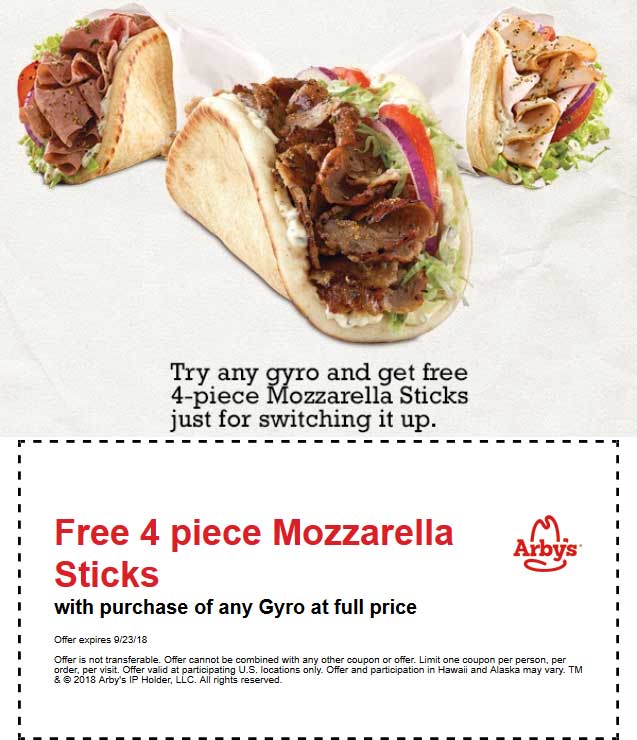Arbys Coupon April 2024 Free mozzarella sticks with your Gyro at Arbys restaurants