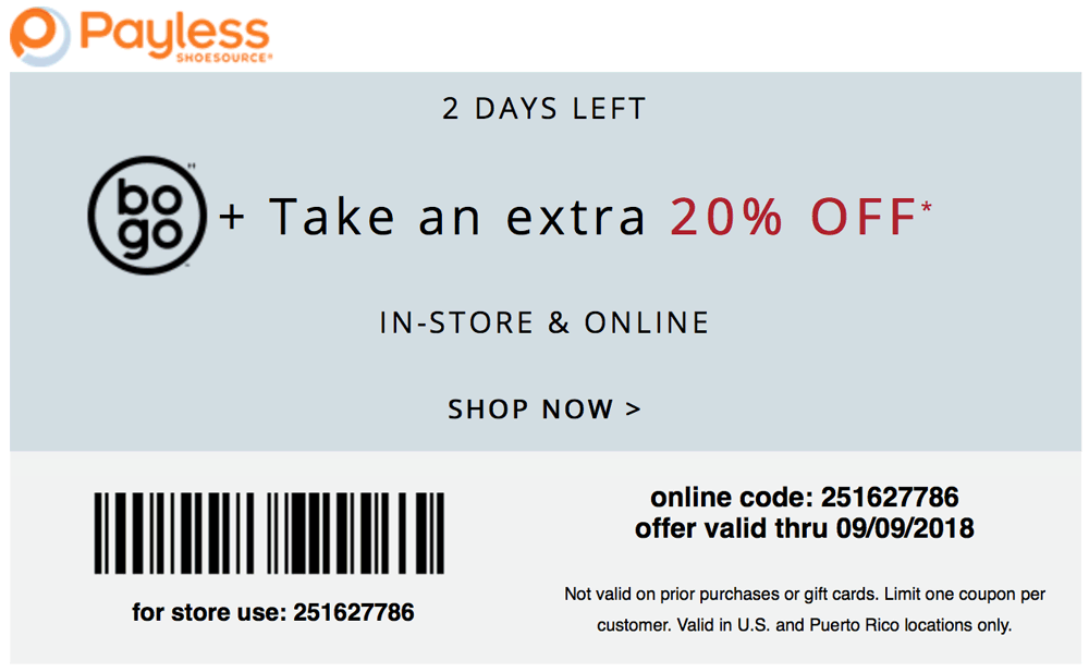 Payless Shoesource Coupon April 2024 Extra 20% off today at Payless Shoesource, or online via promo code 25127786