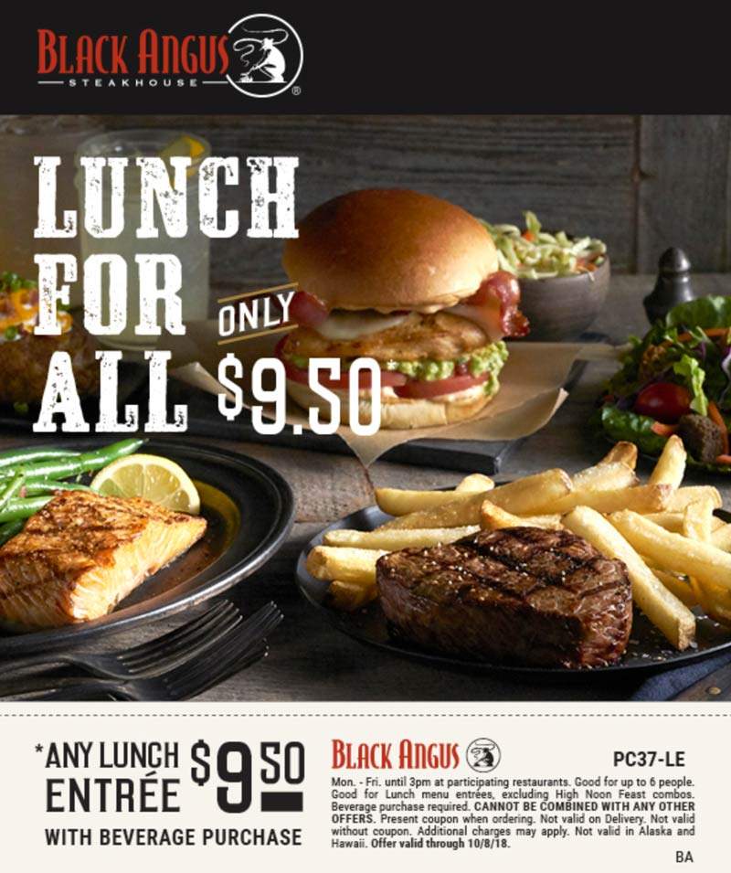 Black Angus Coupon April 2024 Any lunch entree $9.50 at Black Angus steakhouse