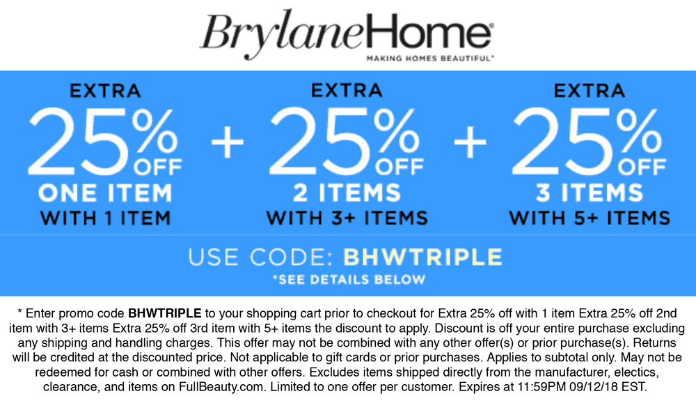 Brylane Home Coupon April 2024 Extra 25% off at Brylane Home catalog via promo code BHWTRIPLE