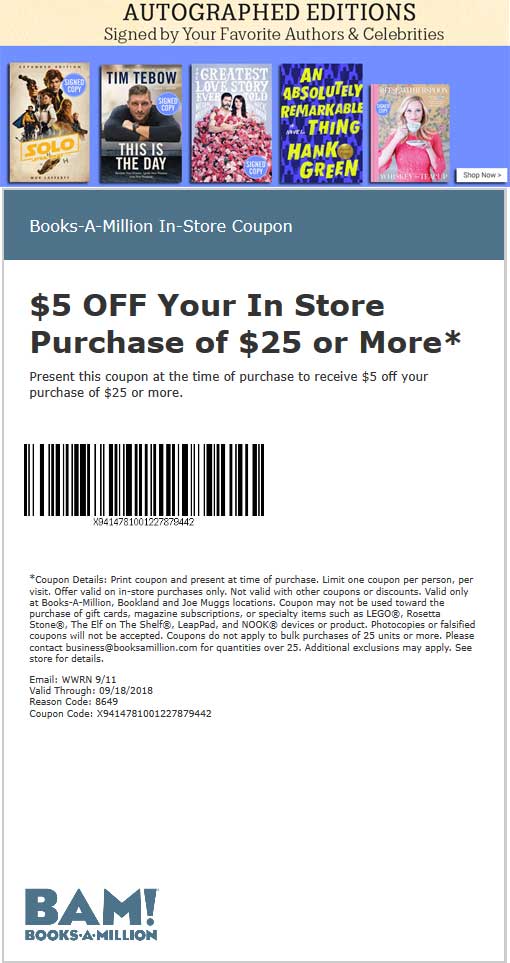 Books-A-Million Coupon April 2024 $5 off $25 at Books-A-Million, or $10 off $50 online via promo code NEW4U911