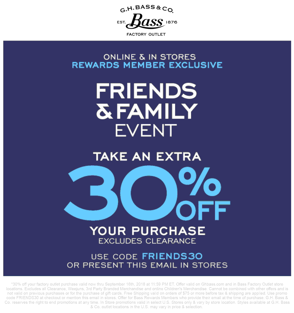 G.H. Bass Factory Coupon April 2024 Extra 30% off at G.H. Bass Factory, or online via promo code FRIENDS30