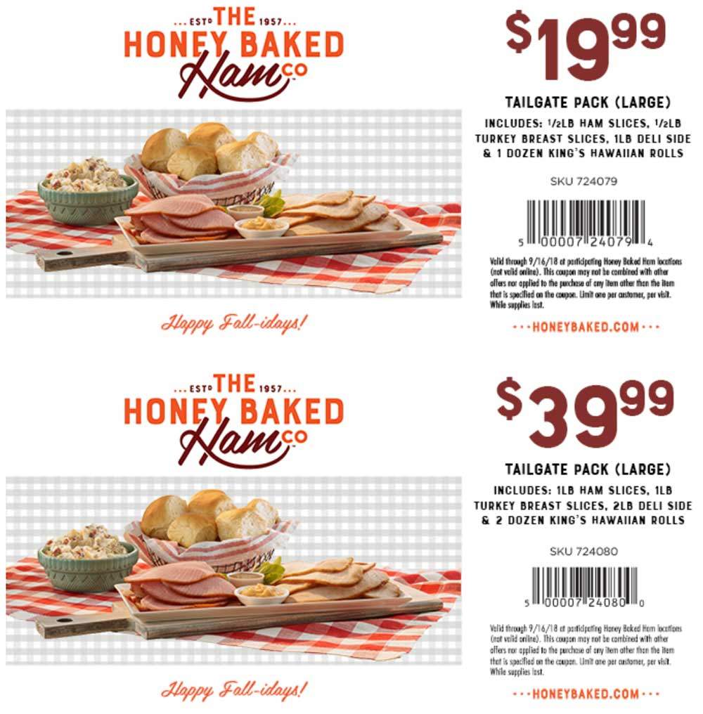 HoneyBaked Coupon April 2024 Half lb ham + half lb turkey + 1lb side + 12 Hawaiian rolls = $20 & more at Honeybaked Ham restaurants
