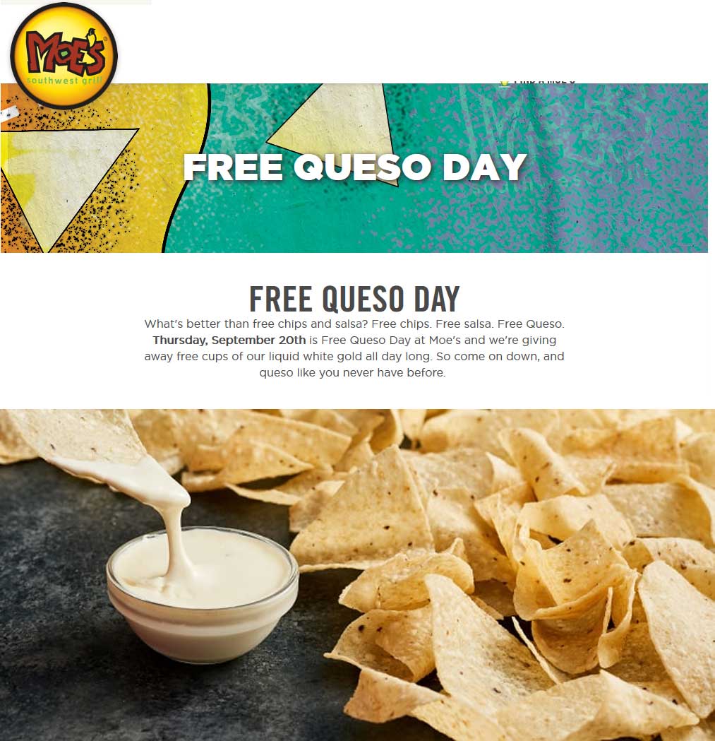 Moes Southwest Grill Coupon April 2024 Free cup of queso Thursday at Moes Southwest Grill