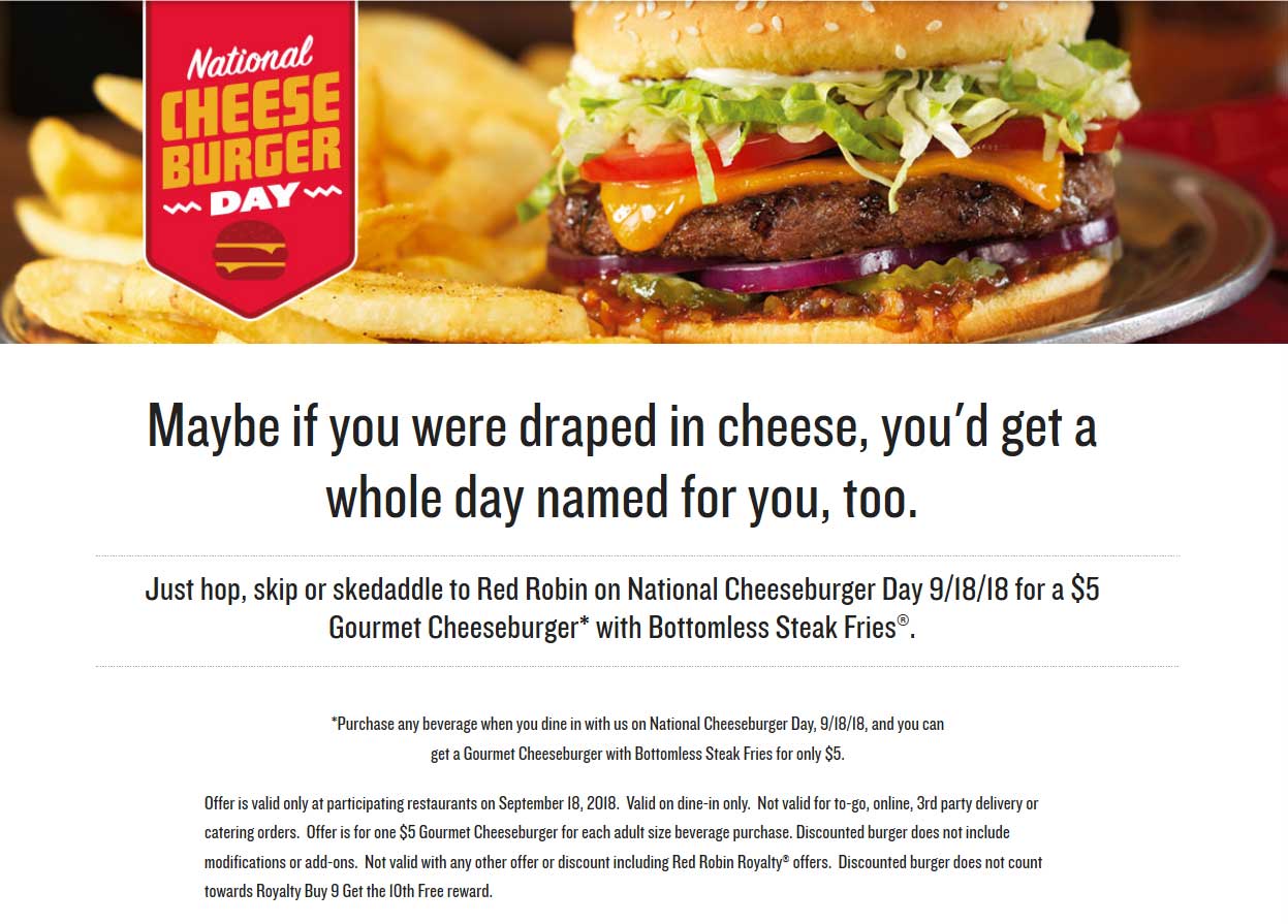 Red Robin Coupon April 2024 $5 cheeseburger + bottomless steak fries at Red Robin yum