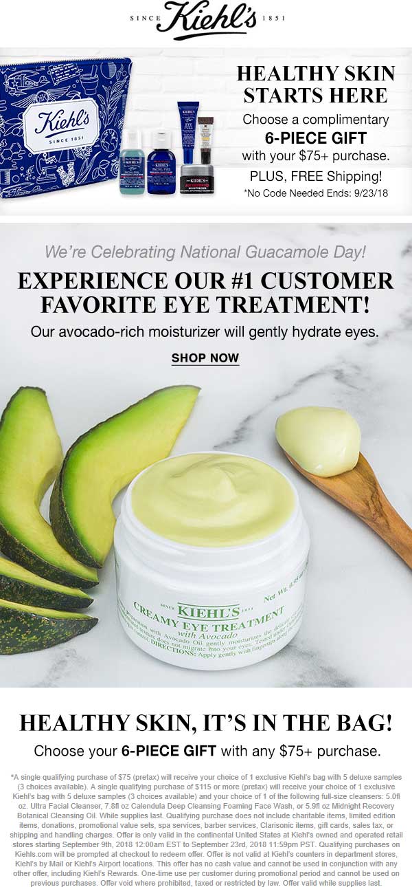 Kiehls Coupon April 2024 6pc gift set free with $75 spent at Kiehls, also online no code needed