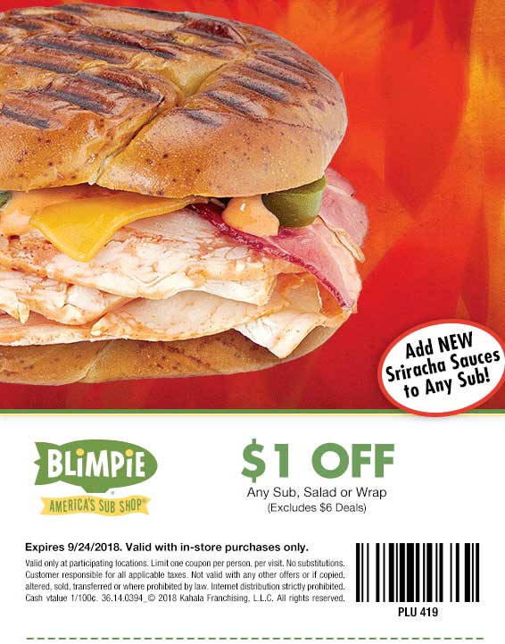 Blimpie Coupon April 2024 $1 off a sandwich or salad at Blimpie