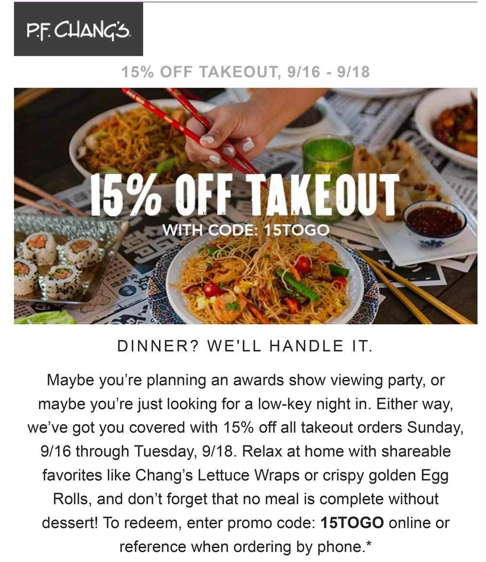 P.F. Changs Coupon April 2024 15% off takeout at P.F. Changs restaurant via promo code 15TOGO
