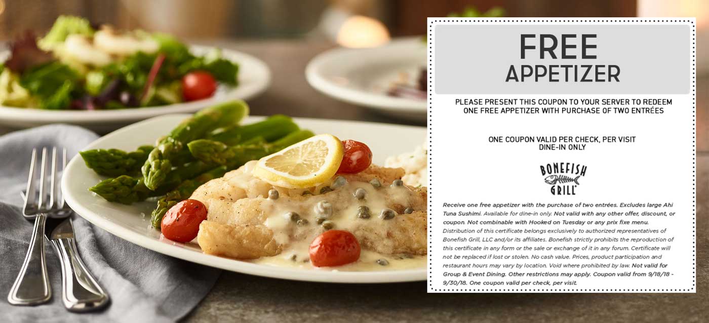 Bonefish Grill Coupon April 2024 Free appetizer with your entrees at Bonefish Grill