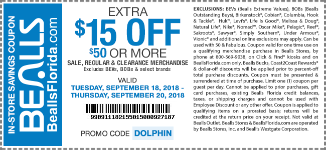 Bealls Coupon April 2024 $15 off $50 at Bealls, or online via promo code DOLPHIN