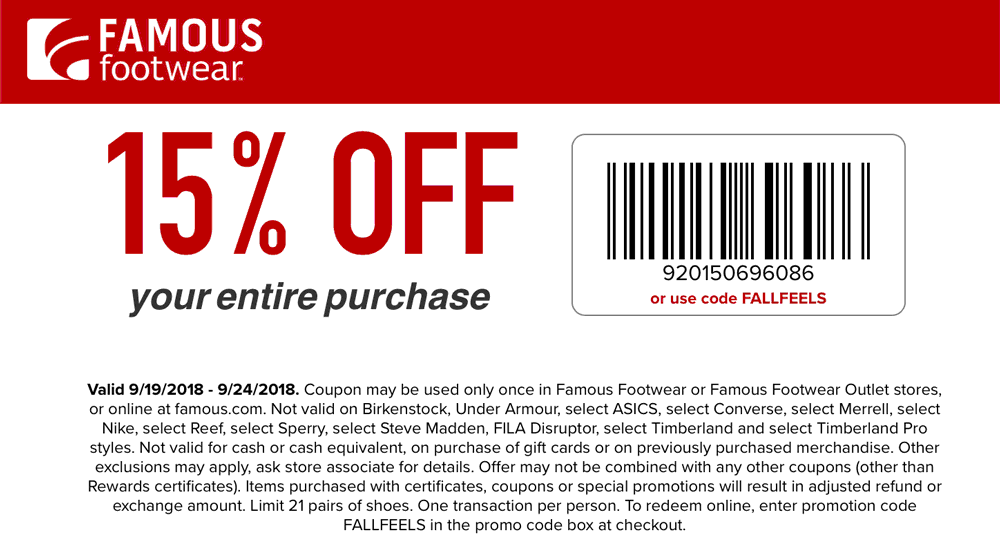 Famous Footwear Coupon April 2024 15% off at Famous Footwear, or online via promo code FALLFEELS