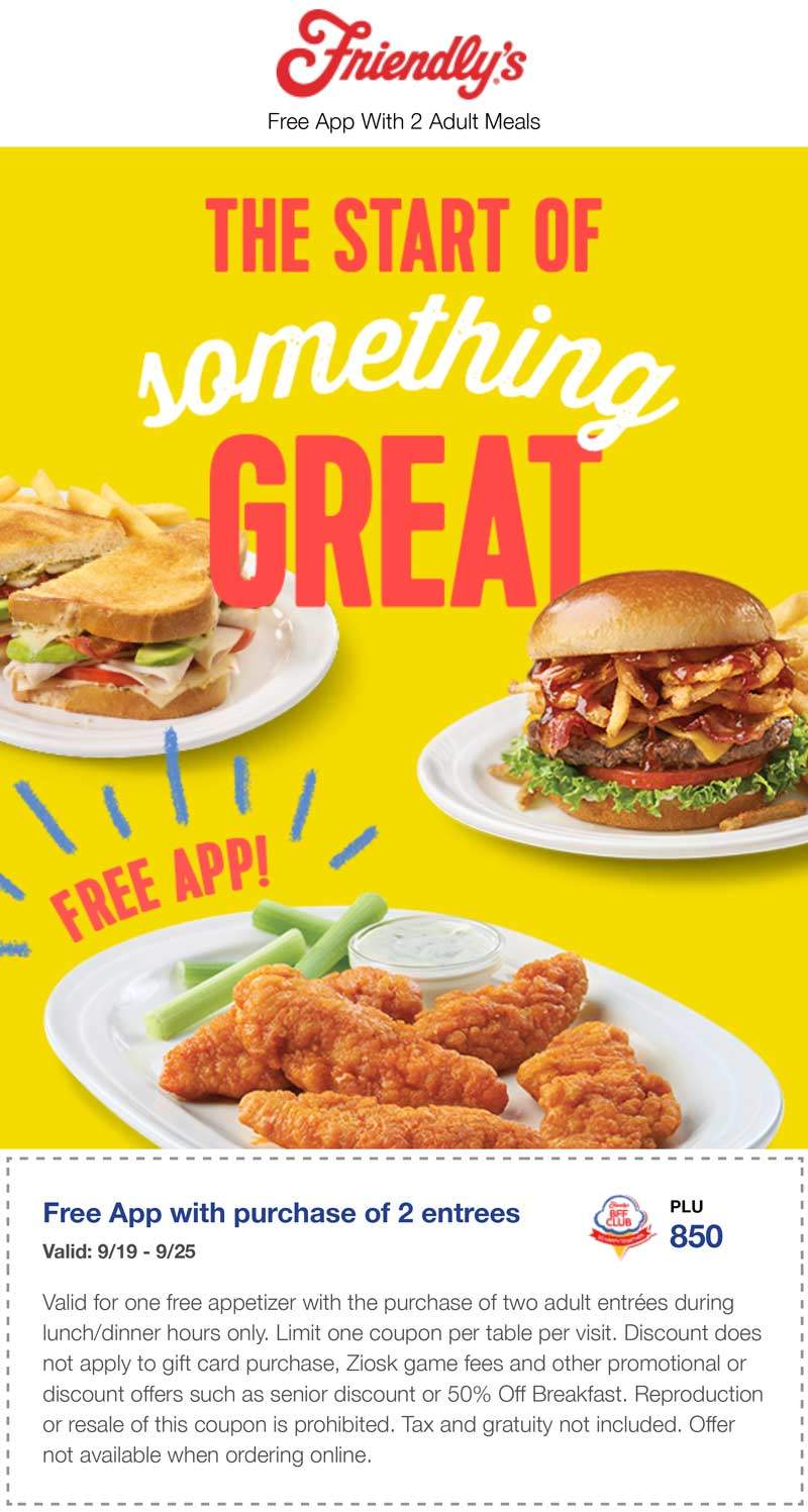 Friendlys Coupon March 2024 Free appetizer with your entrees at Friendlys