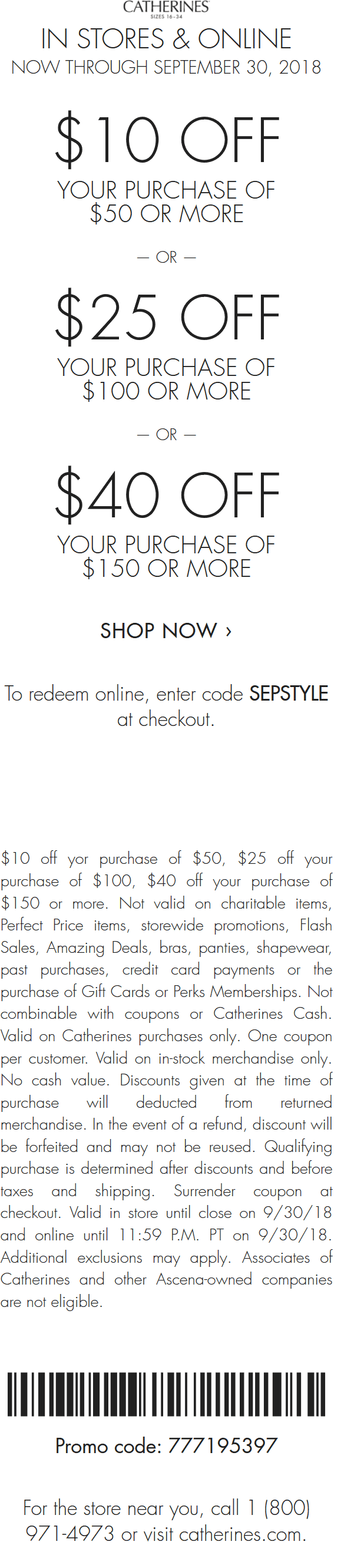 Catherines Coupon April 2024 $10 off $50 & more at Catherines, or online via promo code SEPSTYLE