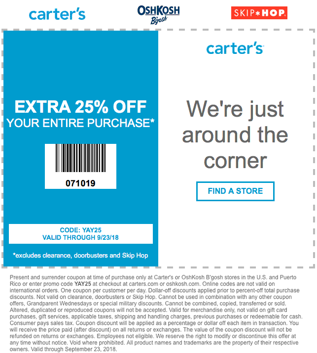 Carters Coupon March 2024 25% off at Carters & OshKosh Bgosh, or online via promo code YAY25