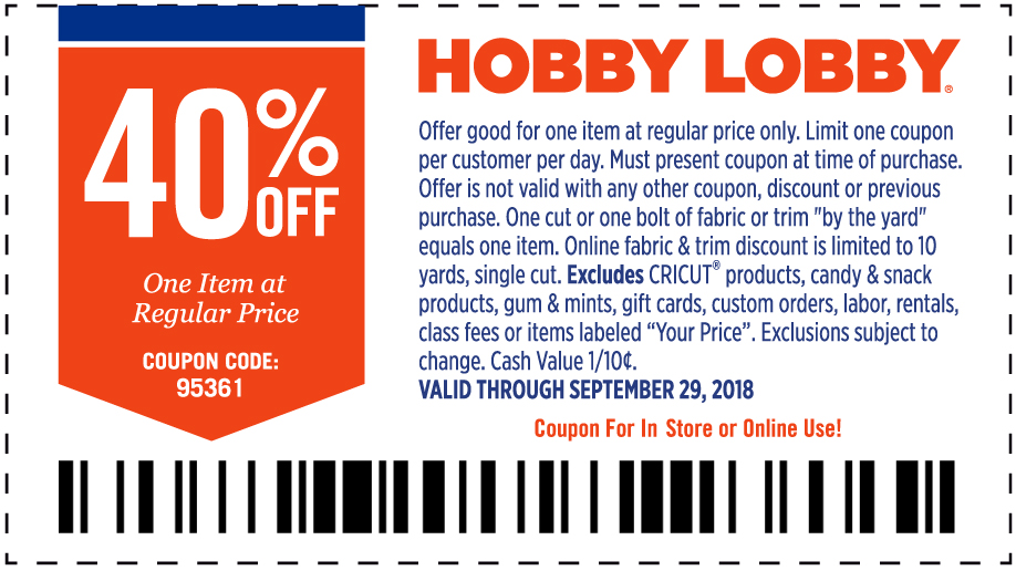 Hobby Lobby Coupon March 2024 40% off a single item at Hobby Lobby, or online via promo code 95361