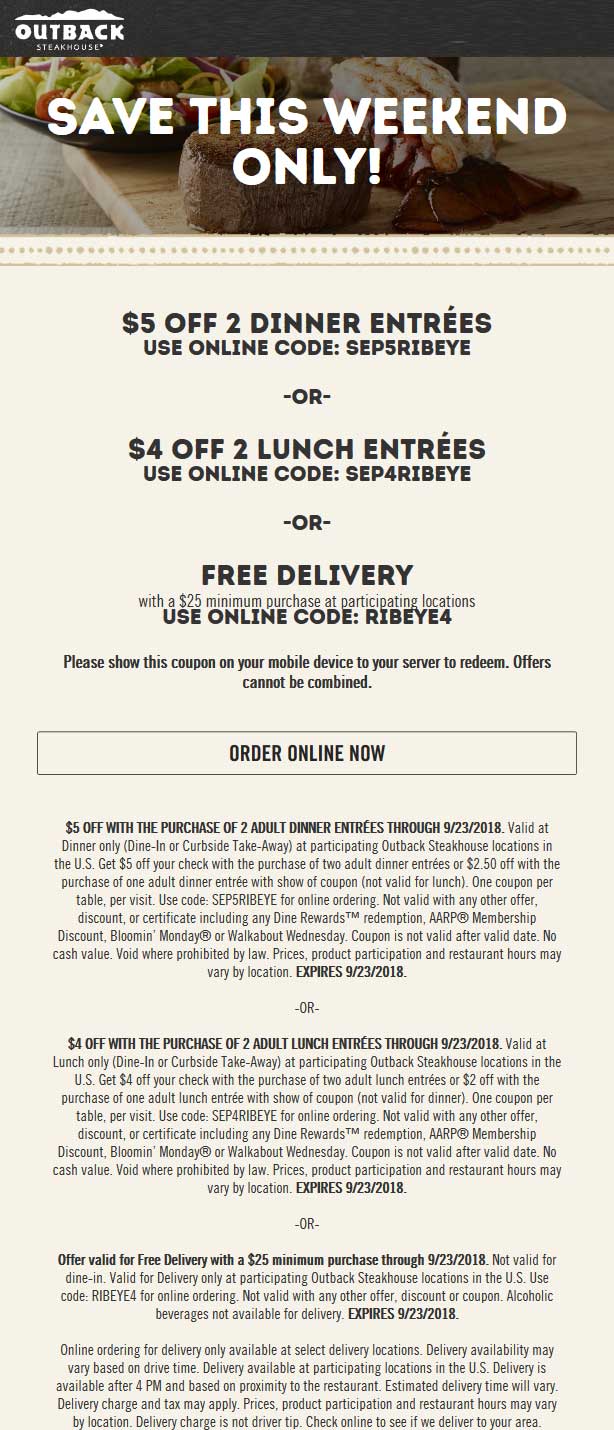 Outback Steakhouse Coupon March 2024 $4-$5 off a couple entrees today at Outback Steakhouse