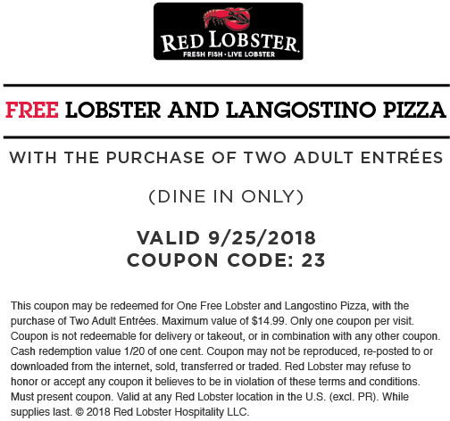 Red Lobster Coupon April 2024 $15 lobster pizza free with your entrees today at Red Lobster