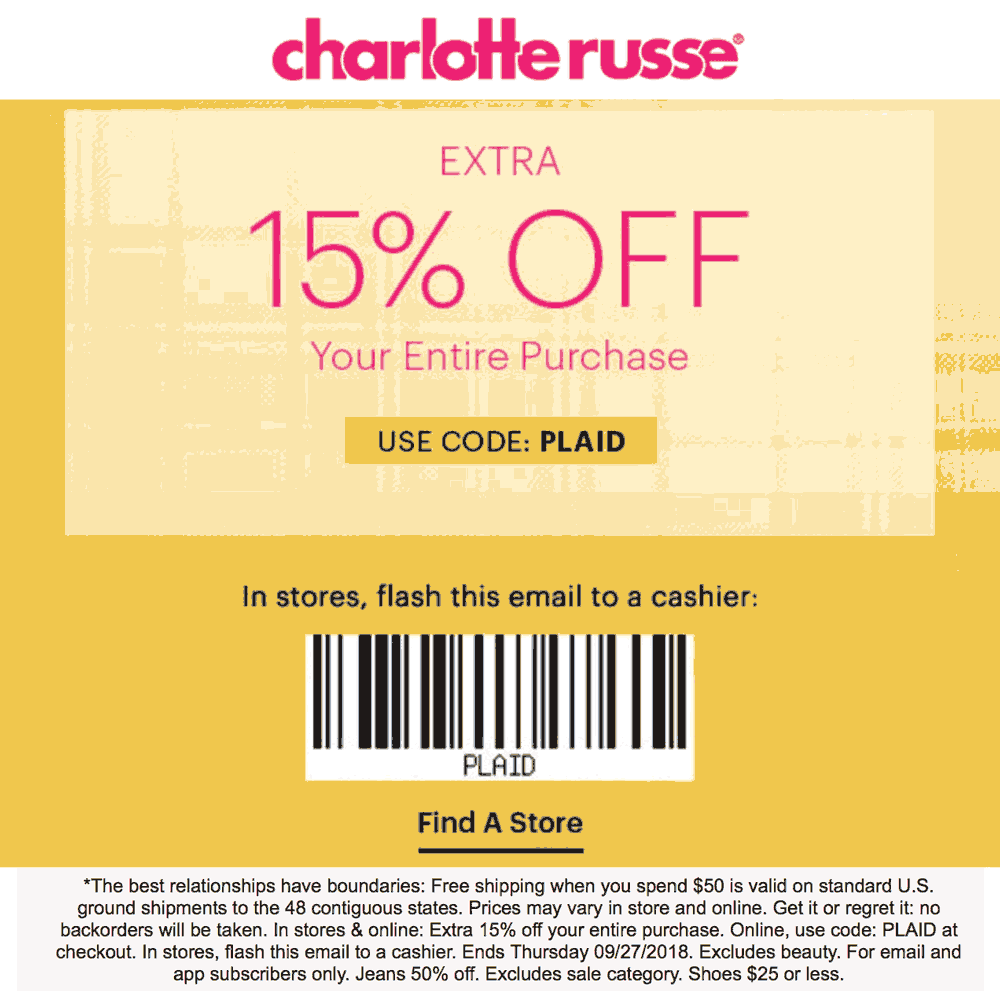 Charlotte Russe Coupon April 2024 Extra 15% off at Charlotte Russe, or online via promo code PLAID