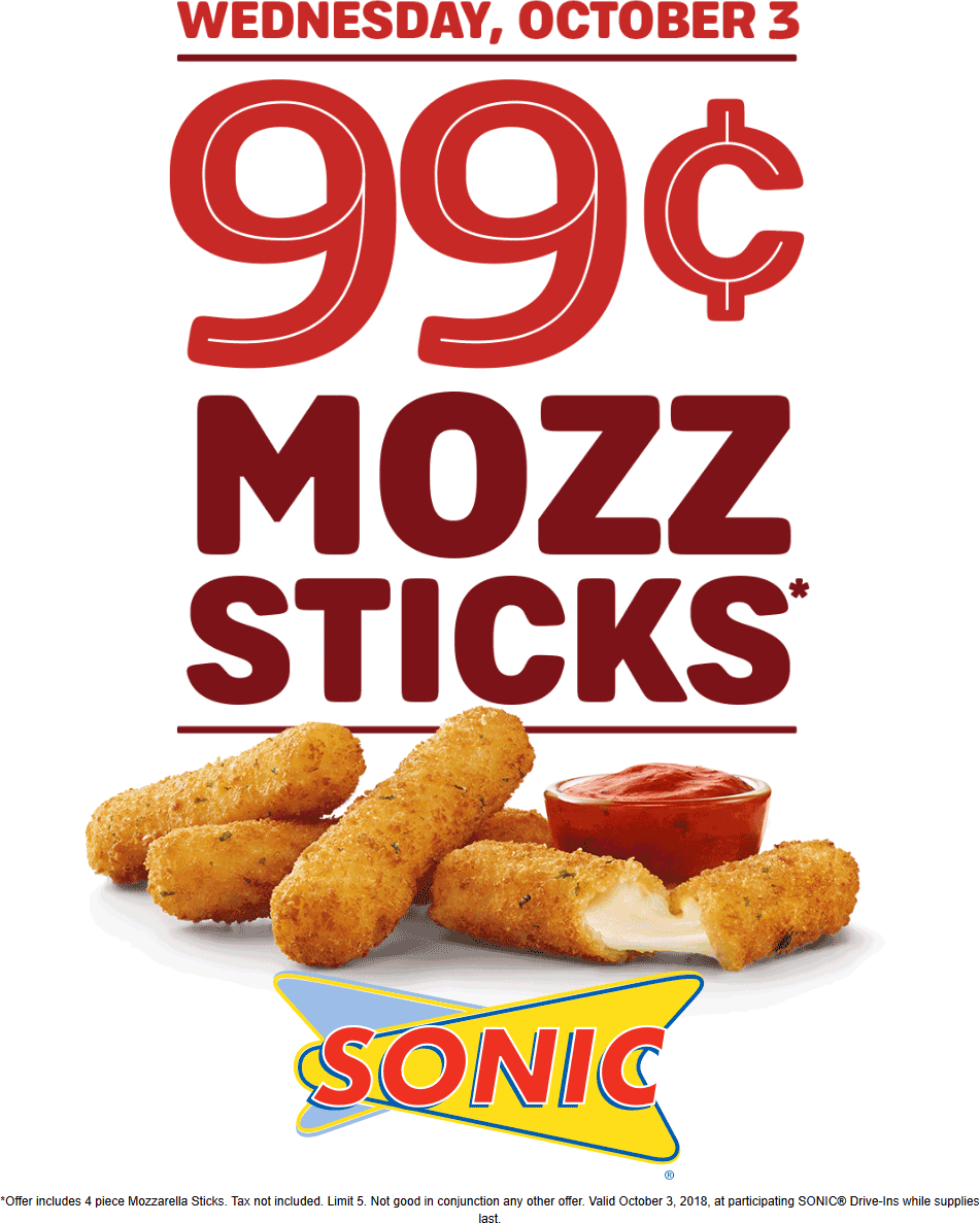 Sonic Drive-In Coupon March 2024 $1 mozzarella sticks Wednesday at Sonic Drive-In restaurants