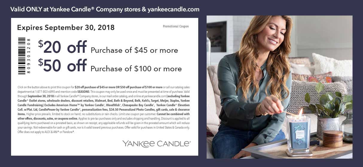Yankee Candle Coupon April 2024 $20 off $45 & more at Yankee Candle, or online via promo code SEASONS