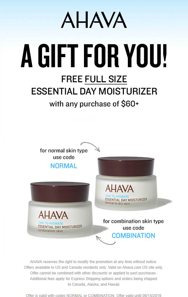 AHAVA.com Promo Coupon Free full size moisturizer with $60 spent at AHAVA via promo codes NORMAL or COMBINATION