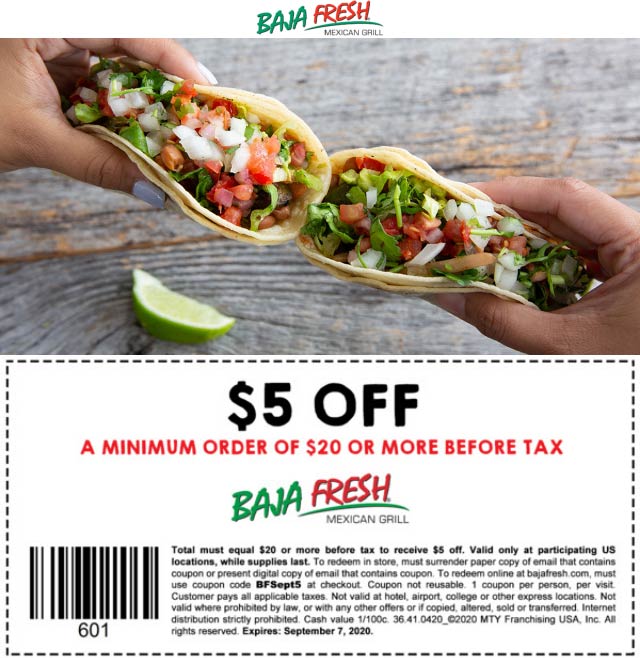 5 off 20 at Baja Fresh Mexican grill bajafresh The Coupons App®
