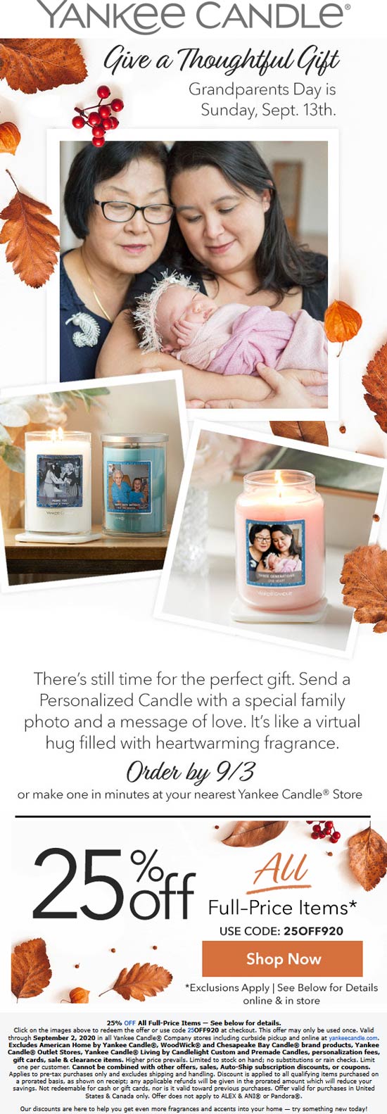 Yankee Candle stores Coupon  25% off at Yankee Candle, or online via promo code 25OFF920 #yankeecandle 
