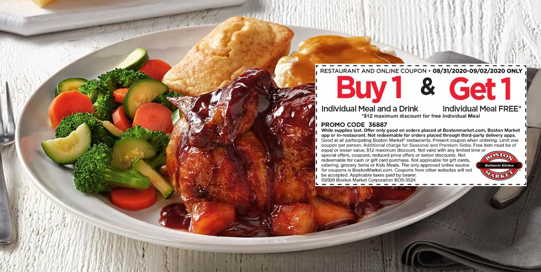 Boston Market restaurants Coupon  Second meal free today at Boston Market #bostonmarket 