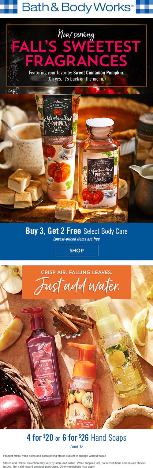 Bath & Body Works stores Coupon  5-for-3 on body care also 4 for $20 on handsoaps at Bath & Body Works #bathbodyworks 