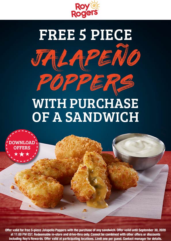 Roy Rogers restaurants Coupon  Free jalapeno poppers with your sandwich at Roy Rogers #royrogers 