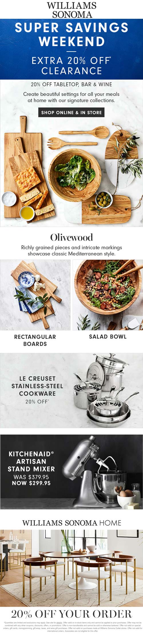 Williams Sonoma stores Coupon  20% off clearance, tabletop & home at Williams Sonoma, ditto online #williamssonoma 