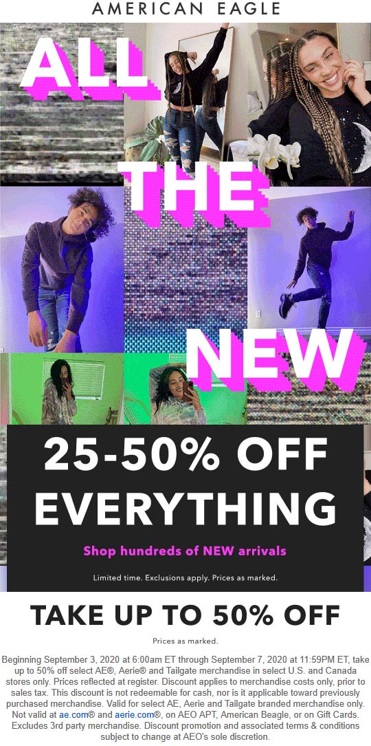 American Eagle stores Coupon  25-50% off everything online at American Eagle #americaneagle 
