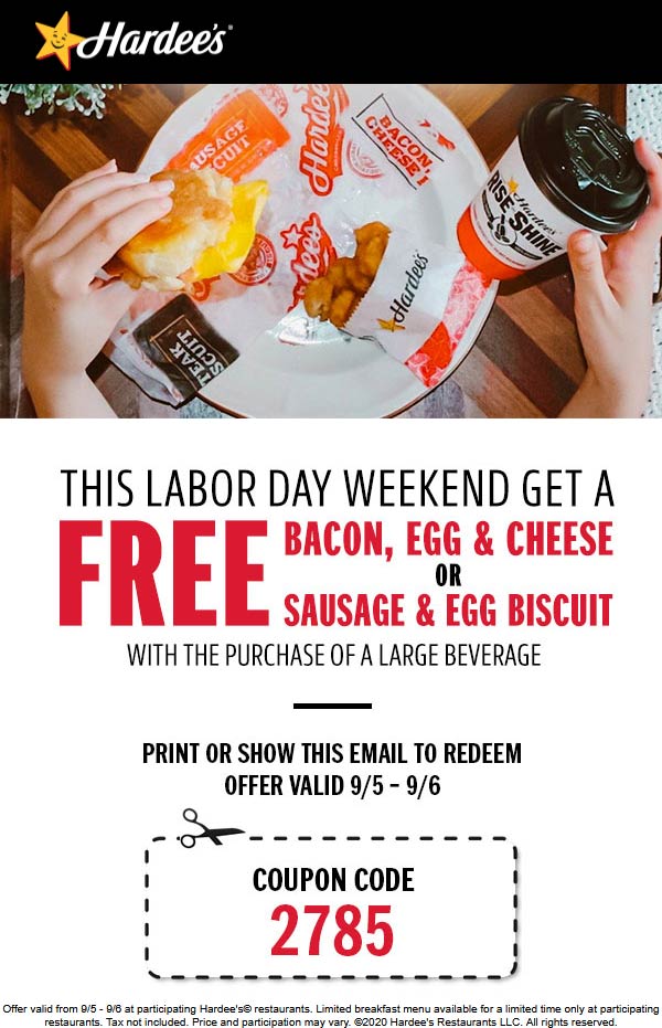 Hardees restaurants Coupon  Free bacon or sausage egg & cheese biscuit with your drink at Hardees #hardees 