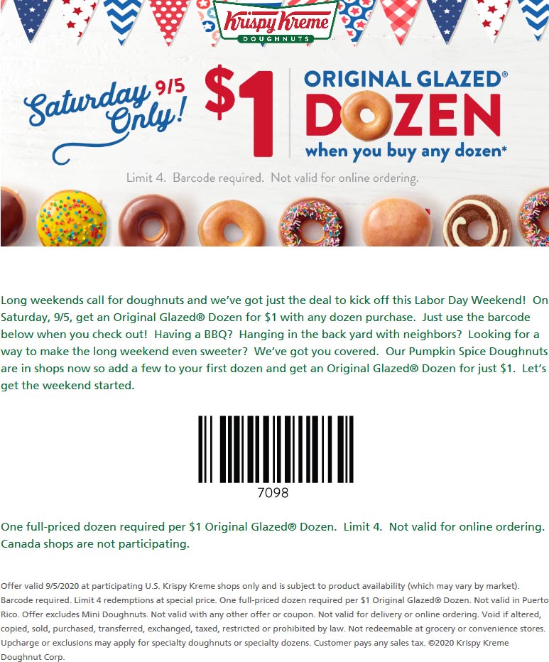 Krispy Kreme restaurants Coupon  Second glazed dozen doughnuts $1 Saturday at Krispy Kreme donuts #krispykreme 