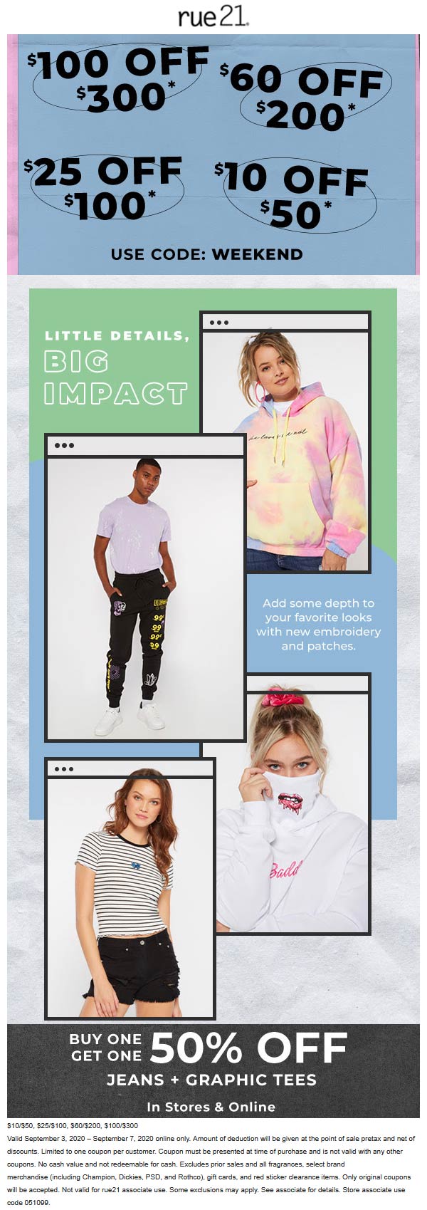 rue21 stores Coupon  $10 off $50 & more at rue21 via promo code WEEKEND #rue21 