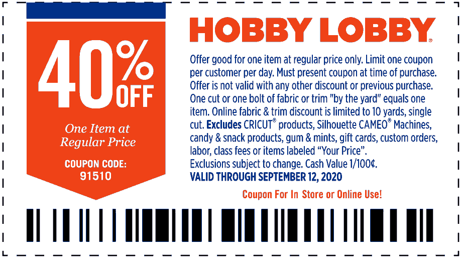 Hobby Lobby stores Coupon  40% off a single item at Hobby Lobby fabric & crafts, or online via promo code 91510 #hobbylobby 