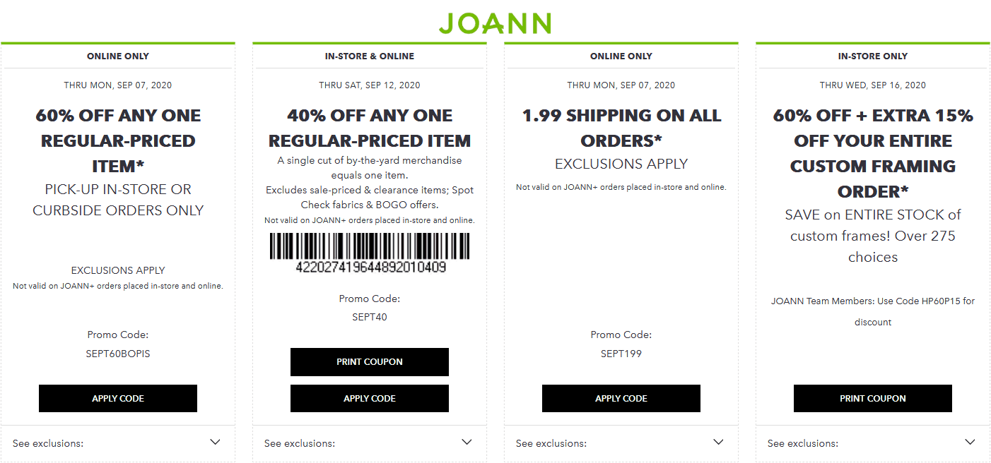 [September, 2021] 60 off a single item & more at Joann via promo code