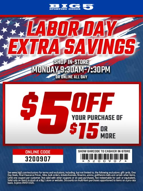 Big 5 stores Coupon  $5 off $15 today at Big 5 sporting goods, or online via promo code 3200907 #big5 