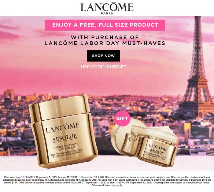 Lancome stores Coupon  Free full size product with Lancome must-haves via promo code OURGIFT #lancome 