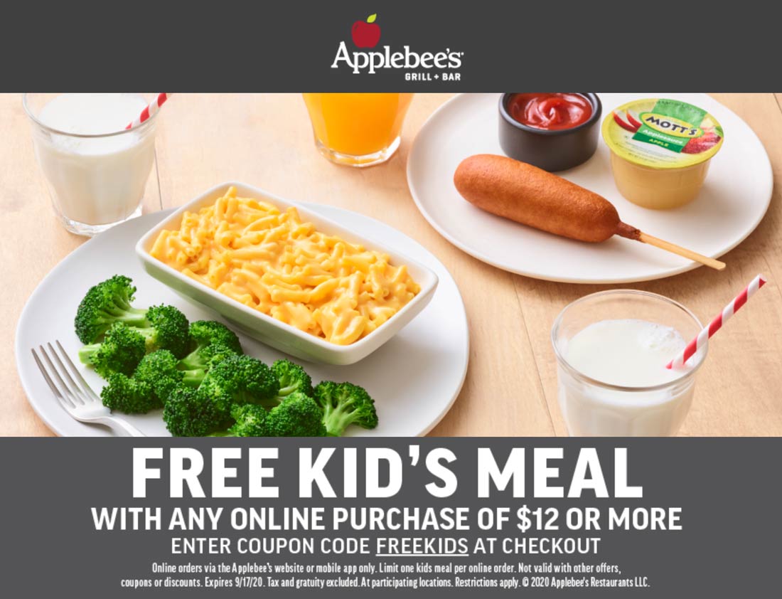 Applebees restaurants Coupon  Free kids meal with $12 spent at Applebees via promo code FREEKIDS #applebees 