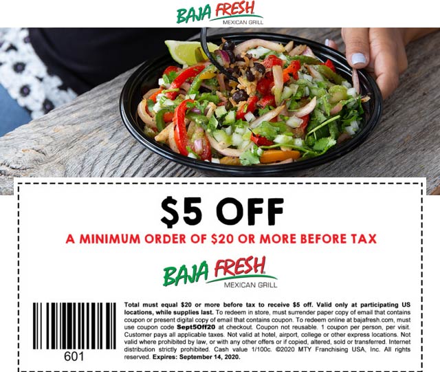 Baja Fresh restaurants Coupon  $5 off $20 at Baja Fresh Mexican grill #bajafresh 
