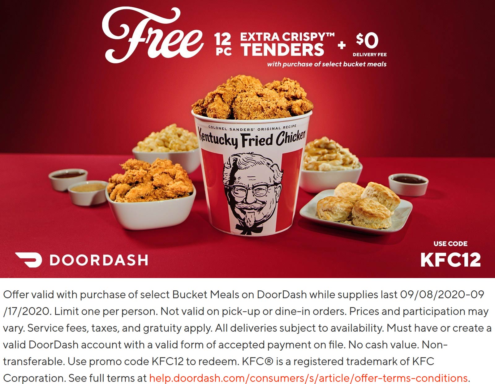 KFC restaurants Coupon  Free 12pc crispy chicken tenders with your bucket meal at KFC via free delivery promo code KFC12 #kfc 