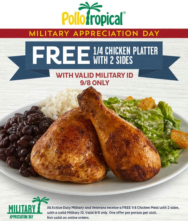 Pollo Tropical restaurants Coupon  Military enjoy a free chicken platter & 2 sides today at Pollo Tropical #pollotropical 