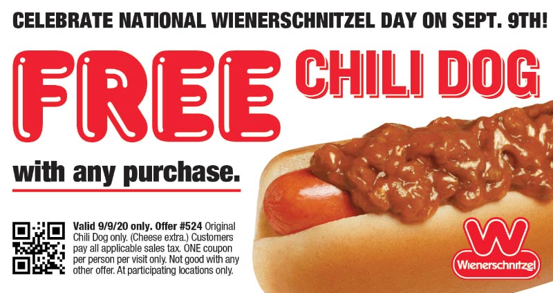 Wienerschnitzel restaurants Coupon  Free chili dog with any order Wednesday at Wienerschnitzel restaurants #wienerschnitzel 