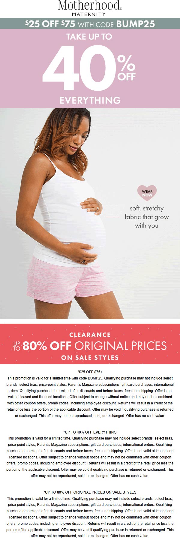 Motherhood stores Coupon  $25 off $75 & more today at Motherhood Maternity via promo code BUMP25 #motherhood 